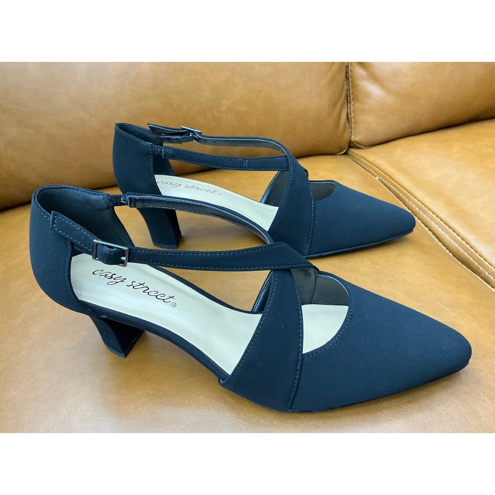 Easy Street Elegance Pumps Womens 6.5 W Black Cross Strap Low Block Heel